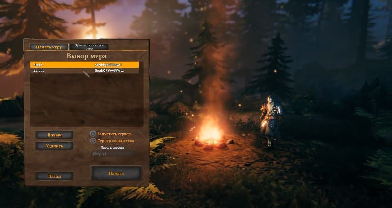 Выбор мира при игре в Вальхейм
